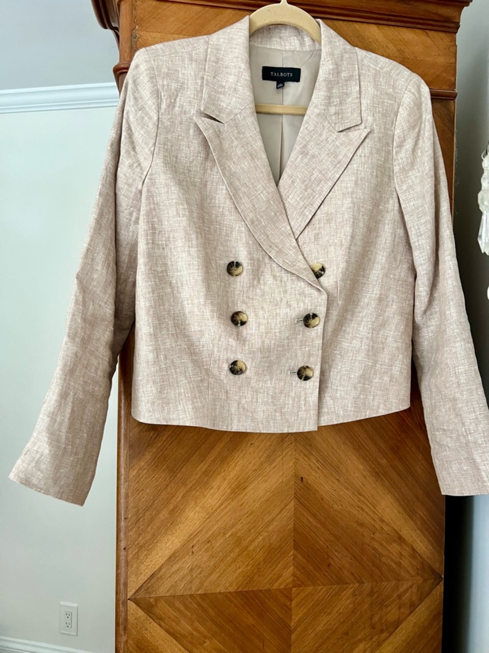 Talbots Double-Breasted Cropped Linen-Blend Jacket in Beige - Picture 2 of 3